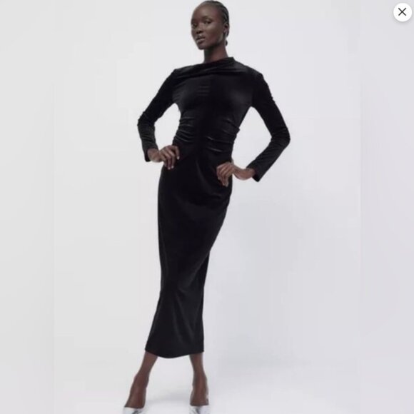 Zara Draped Black Velvet Midi Dress Women's Size L Large Stretch NWOT - Picture 1 of 13